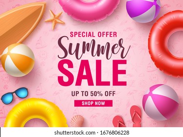 Summer sale vector banner design. Summer sale promotional discount text with summer beach elements like floaters, beach ball, flip flop and sunglasses in pink pattern background. Vector illustration. 