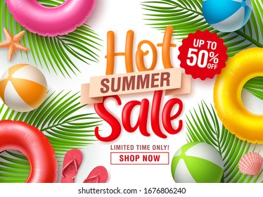 Summer sale vector banner design. Summer hot sale text with beach elements like floaters, beach ball, and palm leaves for promotional discount in white background. Vector illustration.