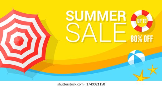 Summer sale vector banner design for promotion with colorful beach elements behind white circle in yellow background