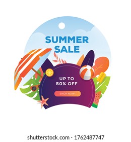 Summer sale vector banner design for promotion with colorful beach elements behind white circle in yellow background. Vector illustration.