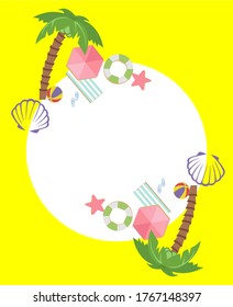 Summer sale vector  banner design for promotion with colorful beach elements behind white circle in yellow background.