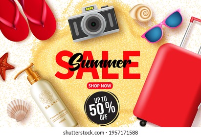 Summer sale vector banner design. Summer sale text up to 50% off discount for beach and travel elements like luggage, sunglasses and lotion for travel vacation advertisement. Vector illustration 