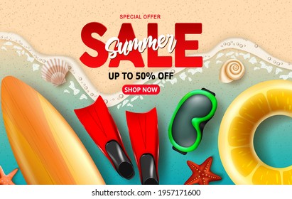 Summer sale vector banner design. Summer sale with up to 50% off text discount special offer for beach element like floater, flippers and googles for summer promo advertisement. Vector illustration
