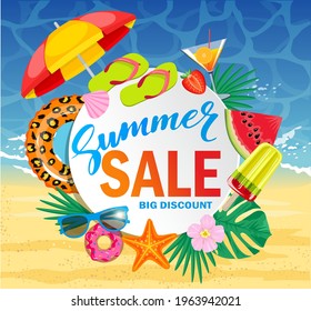 Summer sale vector banner design for promotion with colorful beach elements over white circle. Top view of sunglasses, slices of watermelon, cocktail, seashells on wooden texture. Vector illustration