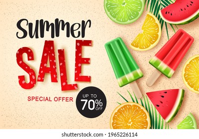 Summer sale vector banner design. Summer sale 3d text with special offer up to 70% promo discount with popsicle and fruit element for tropical season refreshment advertisement. Vector illustration
