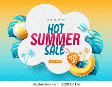 Summer sale vector banner design. Hot summer sale text in abstract pattern background with up to 50% discount offer for seasonal shopping business ads. Vector illustration.
