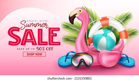 Summer sale vector banner design. Summer sale text with special offer discount up to 50% off with floaters and tropical travel elements for holiday seasonal promotion ads. Vector illustration.
