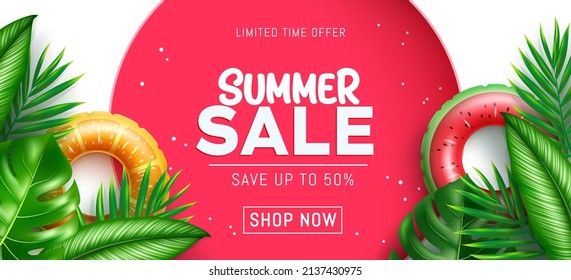 Summer sale vector banner design. Summer sale text in limited time offer with leaves foliage and floater for tropical season discount promotion ads. Vector illustration.
