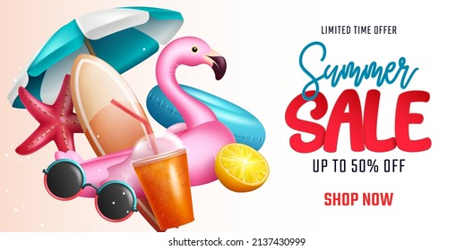 Diseño de banner vectorial de venta de verano. Oferta de venta de textos en verano de tiempo limitado con objetos de temporada tropical para vacaciones de viaje y anuncios de descuento de compras de temporada. Ilustración vectorial.
