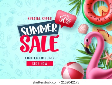 Summer sale vector banner design. Special offer summer sale discount text for tropical season promo advertising background. Vector illustration. 
