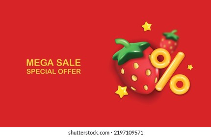 Summer sale vector banner design with strawberries. Summer sale in white empty space for text with discount for seasonal sale.