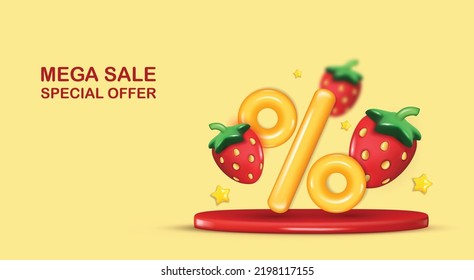 Summer sale vector banner design with strawberries. Summer sale in white empty space for text with discount for seasonal sale.