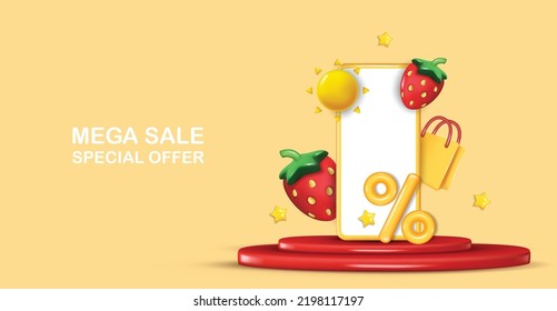 Summer sale vector banner design with strawberries. Summer sale in white empty space for text with discount for seasonal sale.