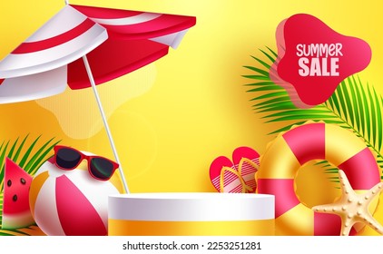 Summer sale vector banner design. Summer podium stage with beach elements in yellow background. Vector illustration tropical season promotion ads. 