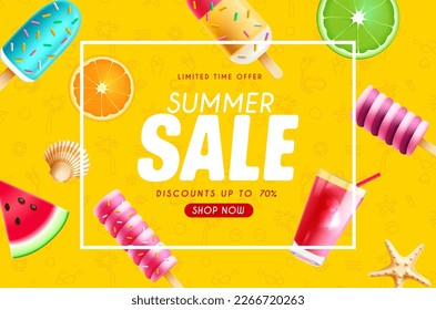 Summer sale vector banner design. Summer limited time offer text with ice cream, ice pop and popsicle elements. Vector illustration discount promo flyer ads background. 