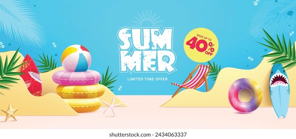 Sommer Verkauf Vektor Banner Design. Sommerlich begrenzte Zeit bieten Text mit Strandelementen im Podiumshintergrund für Produktanzeige Werbung. Vektor-Illustration Sommerferien-Einkaufs-Banner. 
