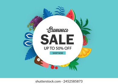 Summer sale vector banner design for promotion with colourful beach elements behind white circle in turquoise background