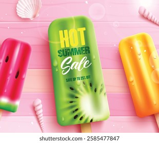 Summer sale vector banner design. Summer hot sale up to 25% off in kiwi popsicle element background. Vector illustration summer season ads. 
