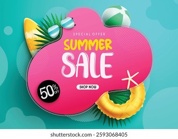 Summer sale vector banner design. Summer sale text in special price discount with tropical elements promotion for seasonal shopping and travel ads. Vector illustration.
