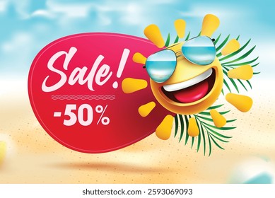 Summer sale vector banner design. Sale text and emoji in beach background with summer discount offer for seasonal travel and shopping ads. Vector illustration.
