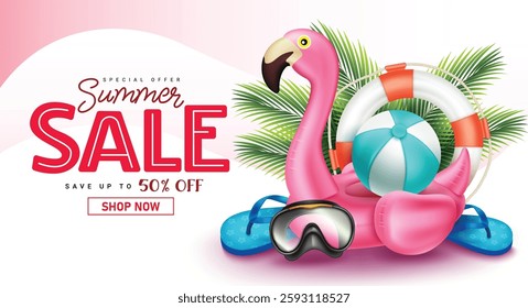 Summer sale vector banner design. Summer sale text with special offer discount up to 50% off with floaters and tropical travel elements for holiday seasonal promotion ads. Vector illustration.
