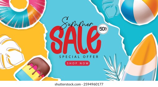 Summer sale vector banner design. Summer sale text special offer 50% off. Summer sale papercut banner design, Vector illustration. 