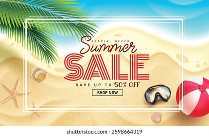 Summer sale vector banner design. Summer sale text in beach background up to 50% off special offer promo with tropical elements for seasonal shopping and travel ads. Vector illustration.
