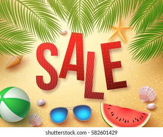 Summer sale vector banner design with palm leaves, elements and objects in beach sand background for holiday promotion. Vector illustration.
