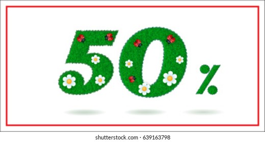 Summer sale vector banner design for promotion with green grass and flowers. 50 percent discount. Vector illustration