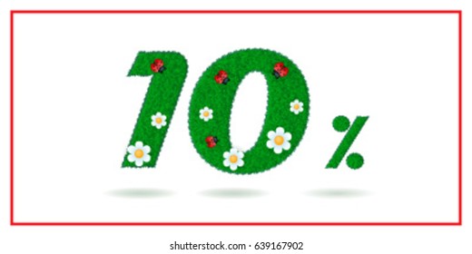 Summer sale vector banner design for promotion with green grass and flowers. 10 percent discount. Vector illustration