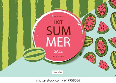 Summer sale vector banner design for promotion with colorful beach elements behind white circle in watermelon background. Vector illustration.