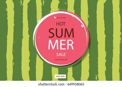 Summer sale vector banner design for promotion with colorful beach elements behind white circle in watermelon background. Vector illustration.