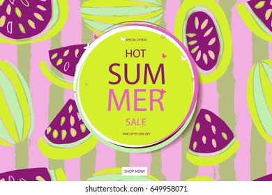 Summer sale vector banner design for promotion with colorful beach elements behind white circle in watermelon background. Vector illustration.