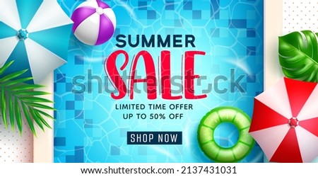Summer sale vector banner design. Summer sale limited time offer text in swimming pool background for tropical season travel and vacation business promotion advertisement. Vector illustration.
