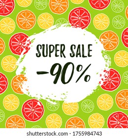 Summer sale vector banner with fresh citrus fruit. Discount 90 off. Template layout concept with hand draw brush ink. Vector Illustration