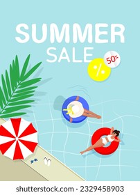 Summer Sale vector banner with girls in floats in the pool. Summer sale bright background.