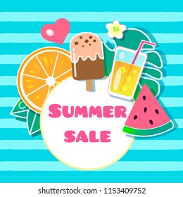 Summer sale vector banner on white circle multi colored strips and decorated by orange, leaves, chocolate ice cream, fresh juice in a glass with straw, flower, watermelon, monstera, heart