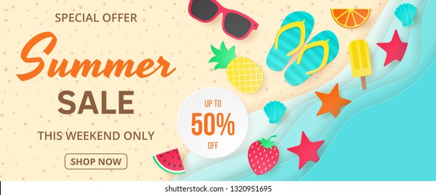 Summer sale vector banner. Paper cut. Can used for banners,Wallpaper,flyers, invitation, posters, brochure, voucher discount. Vector illustration