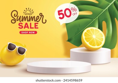 Summer sale vector banner. Summer podium stage with lemon and leaves elements for product presentation design. Vector illustration summer sale banner. 
