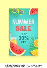Summer sale vector banner, promotion leaflet sample. Season discount, watermelon and orange, pineapple segment, sun glasses and cocktail, palm leaves