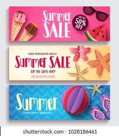 Summer sale vector banner set with colorful pattern background and paper cut beach elements. Seasonal template set for discount promotion vector illustration.