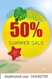 Summer sale vector banner set with 50 off discount text and summer elements in colorful backgrounds for web shopping promotions. Colors blue, yellow, green. Vector illustration.