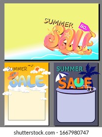 Summer sale vector banner set with  gradient calligraphy and summer elements in colorful backgrounds for web shopping promotions,advertising. Vector illustration.