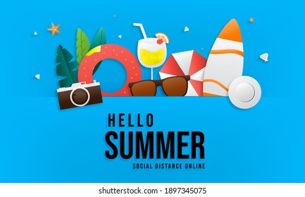 Summer sale vector banner set design with text hello summer in a blue background for marketing promotion. Decorate with Brown sunglasses, orange juice, camera, surfboard, hat, and umbrella.
