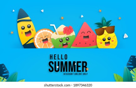 Venta veraniega de banner vectorial diseño con texto hola verano en un fondo azul para promoción de marketing. Decoración con personajes de la fruta y hojas de palma. Plantilla de ilustración de vector.