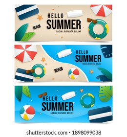 Summer sale vector banner set online social distance design with text hello summer in the colorful background for marketing promotion. Decorate with mask face, Brown sunglasses, Swim ring, ball, hat