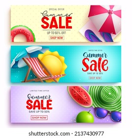 Summer sale vector banner set design. Summer sale text with limited time offer discount with tropical beach elements for seasonal promotion travel and shopping ads. Vector illustration.
