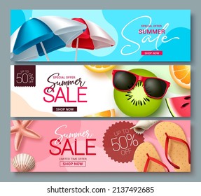 Diseño de conjunto de banners vectoriales de venta de verano. Venta de verano descuento de promoción de texto para la colección de fondo de publicidad de compras. Ilustración vectorial.
