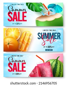 Summer sale vector banner set. Summer sale text in fruits and drinks design with promo discount for seasonal limited time shopping and travel ads collection. Vector illustration.