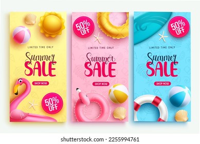 Summer sale vector banner set. Summer sale with 50% off discount text for business flyers, ads and brochure lay out. Vector illustration summer banner promotion design. 
